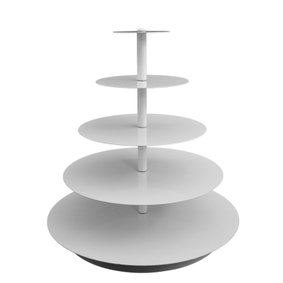A white cupcake stand with five round tiers.