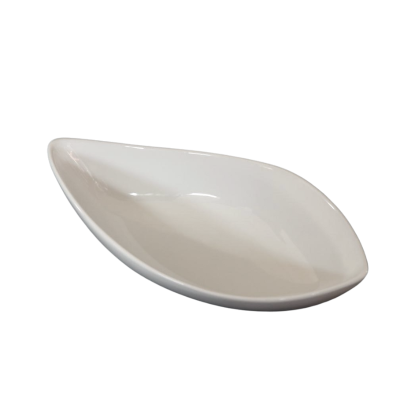 A ten inch white ceramic canoe bowl.