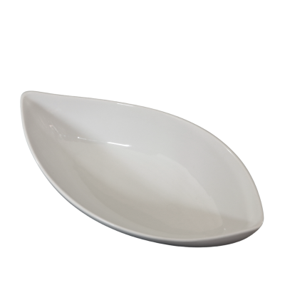 A fourteen inch white ceramic canoe bowl.