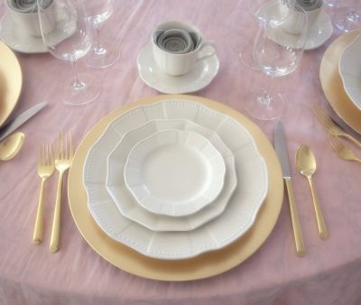 pink and gold linen place setting