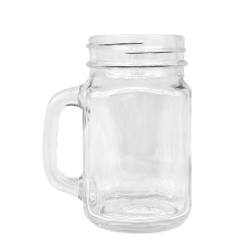 A 160z mason jar with a handle.