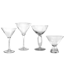 A series of martini glasses; 5.5oz, 10oz, 12oz, and 10oz stemless.