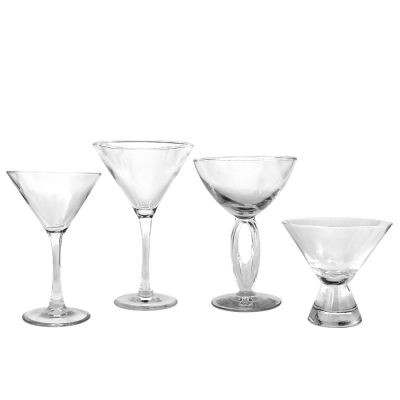 A series of martini glasses; 5.5oz, 10oz, 12oz, and 10oz stemless.