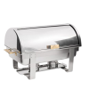 An 8qt roll top chrome chafer with brass details.