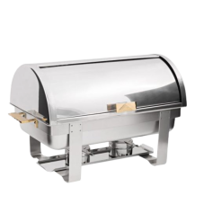 An 8qt roll top chrome chafer with brass details.