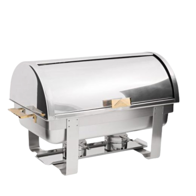 An 8qt roll top chrome chafer with brass details.