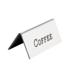 A silver colored beverage tent that reads "Coffee".