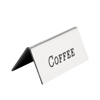 A silver colored beverage tent that reads "Coffee".