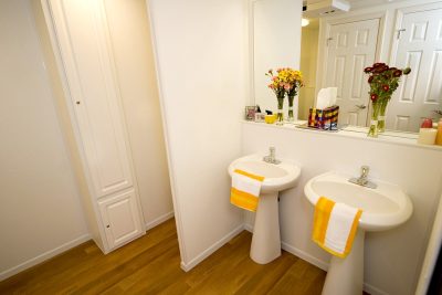 gold restroom trailer interior