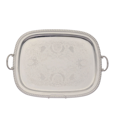 A rectangular serving tray with handles and an embossed pattern.