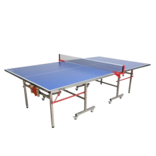 A blue ping pong table with red details.