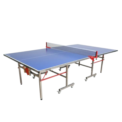 A blue ping pong table with red details.