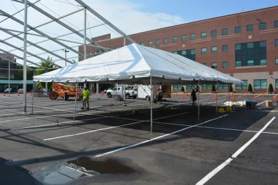 Temp Parking lot tent setup