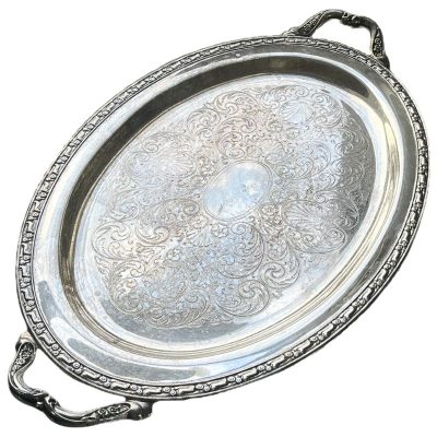 vintage silver plated oval serving tray with handles