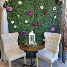 boxwood backdrop with decorations