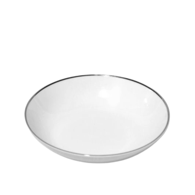 A white fruit bowl with a platinum band.