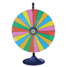 A thirty inch color wheel with the colors of the rainbow and a needle at the top.