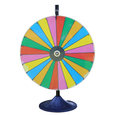 A thirty inch color wheel with the colors of the rainbow and a needle at the top.