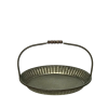 A rustic, galvanized, oval tray with a handle.