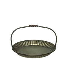 A rustic, galvanized, oval tray with a handle.