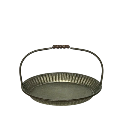 A rustic, galvanized, oval tray with a handle.