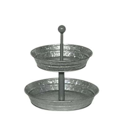 A rustic, two tier, galvanized, round tray.