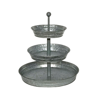 A rustic, three tier, galvanized, round tray.