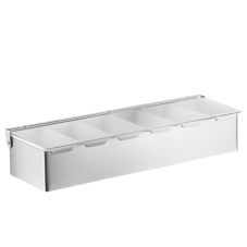 A stainless steel condiment bar with six compartments and a clear lid.