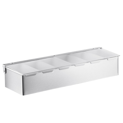A stainless steel condiment bar with six compartments and a clear lid.