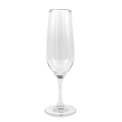 A tritan champagne glass. The base of the cup is wide, and the sides taper to the top,