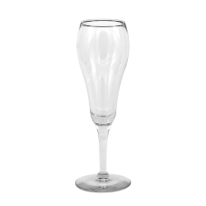 A 6oz tulip champagne glass. The middle of the cup flares into a bulb and narrows again as it reaches the rim.
