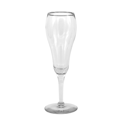 A 6oz tulip champagne glass. The middle of the cup flares into a bulb and narrows again as it reaches the rim.