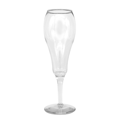 A 9oz tulip champagne glass. The middle of the cup flares into a bulb and narrows again as it reaches the rim.