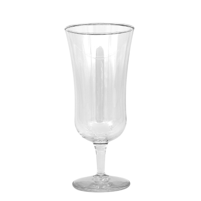 A 5oz parfait glass. The bottom of the glass is round, then flares near the stem.