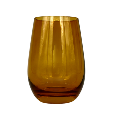 An amber stemless wine glass.