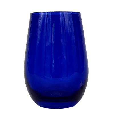 A blue stemless wine glass.
