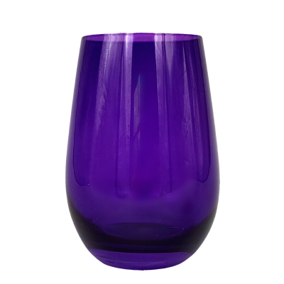 A purple stemless wine glass.