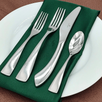 Reflection Stainless Flatware on a place setting with a green napkin, white plate, and brown tablecloth.