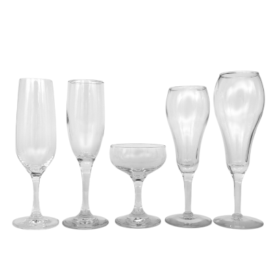 A series of champagne glasses; tritan, signature, coup, 6oz tulip, and 9oz tulip.