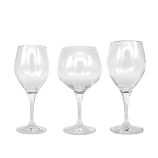 Three Mondial wine glasses; 11oz wine, 20oz burgundy, and 14oz water.