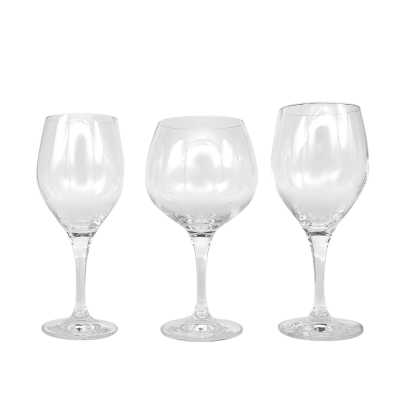 Three Mondial wine glasses; 11oz wine, 20oz burgundy, and 14oz water.