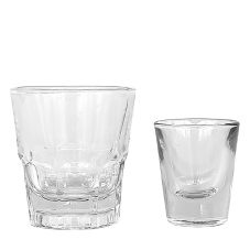 Two shot glasses; one double shot glass and one single shot glass.