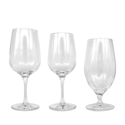 A series of valore wine glasses; 15oz wine glass, 12oz wine glass, and 17oz water glass.