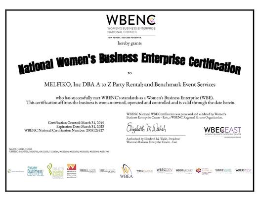 A to Z Party Rental WBENC Certificate