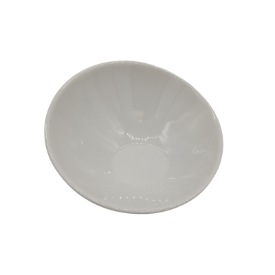 An 8 inch slanted white bowl, with one side of the bowl higher than the other.
