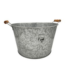 A galvanized 15 inch ice bucket with handles.
