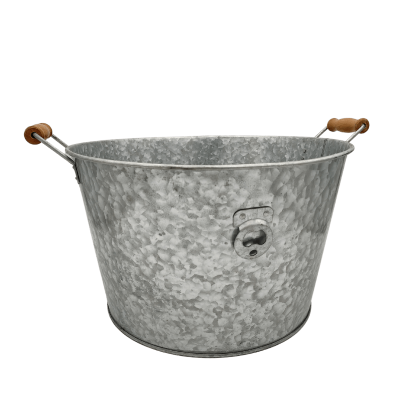 A galvanized 15 inch ice bucket with handles.