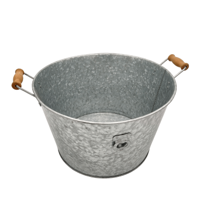 A galvanized 15 inch ice bucket with handles.