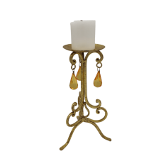 An 11 inch tall gold candlestick with three teardrop-shaped crystals hanging below the candle.