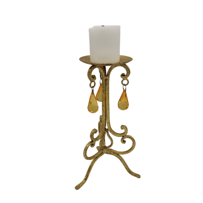 An 11 inch tall gold candlestick with three teardrop-shaped crystals hanging below the candle.